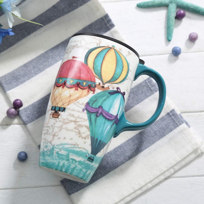 TZSSP Coffee Ceramic Mug Porcelain Latte Tea Cup With Lid 17oz. Balloon - Image 1